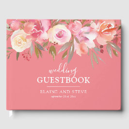 Livro De Visitas Casamento de Aquarela Floral Rosa Elegante Salmão