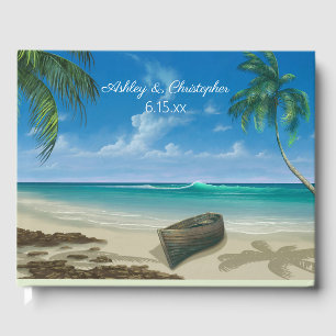 Livro De Visitas Casamento de Boat Palm Trees Blue Tropical Ocean B