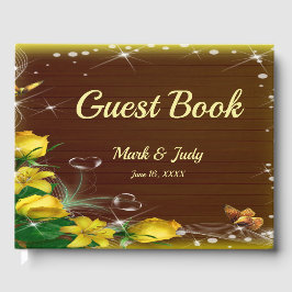 Livro De Visitas Casamento de Borboleta Floral Amarela Rústica Escu