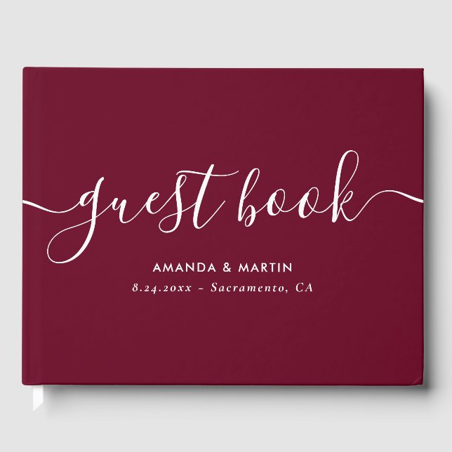 Livro De Visitas Casamento de Borgonha com Script Moderno Elegante (Frente)