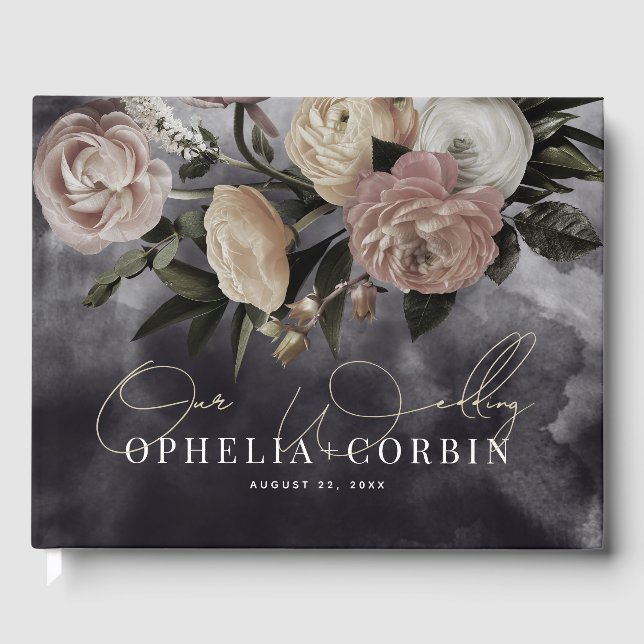 Livro De Visitas Casamento de Bouquet Rosa Negra-Fumaça (Frente)