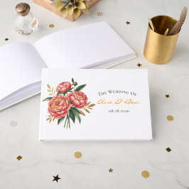 Livro De Visitas Casamento de Buquê de Peony Laranja Elegante