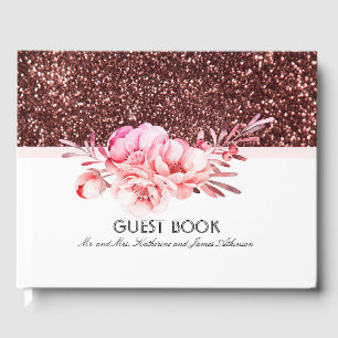 Livro De Visitas Casamento de Buquê Floral Cor-de-Rosa-Glitter Dour
