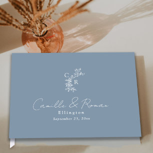 Livro De Visitas Casamento de Caligrafia Monogramada Floral Azul Em