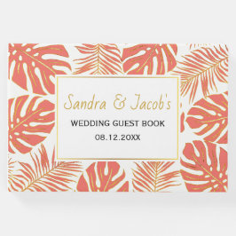 Livro De Visitas Casamento de corais e folhas tropicais douradas