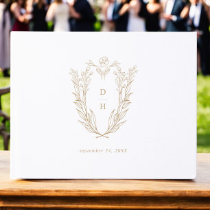 Livro De Visitas Casamento de Crest Clássico de Boho Branco Dourado