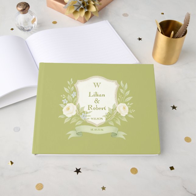 Livro De Visitas Casamento de Crest Floral Elegante (Frente aberta)