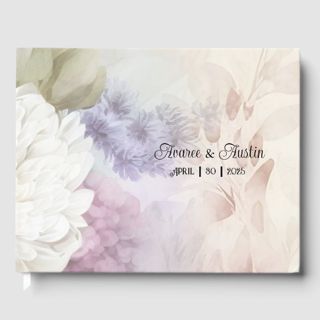 Livro De Visitas Casamento de Dahlias Branco e Roxo (Frente)