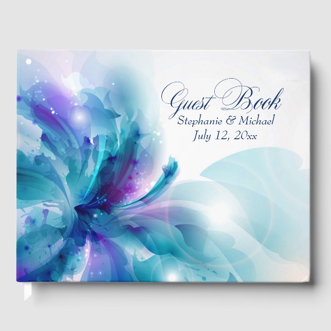 Livro De Visitas Casamento de Design Floral Azul e Roxo (Frente)