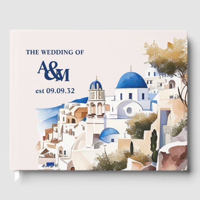 Livro De Visitas Casamento de Destino Watercolor Santorini (Frente)