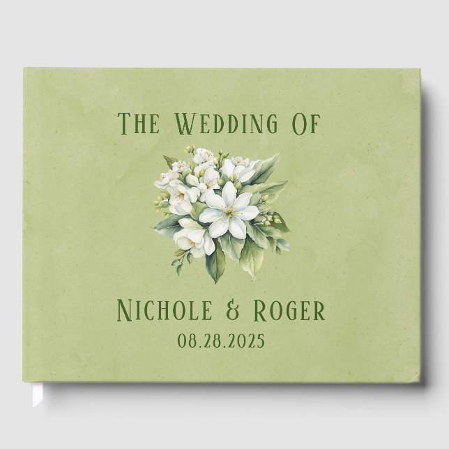 Livro De Visitas Casamento de Elegante White Florals Green Watercol (Frente)