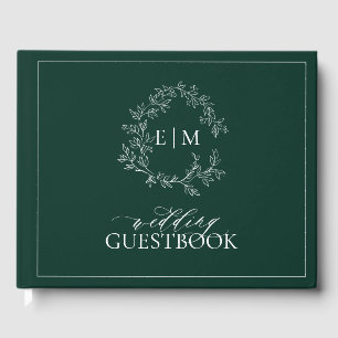 Livro De Visitas Casamento de Emerald Green Leafy Crest Monograma