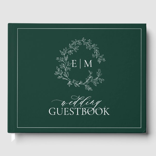 Livro De Visitas Casamento de Emerald Green Leafy Crest Monograma (Frente)