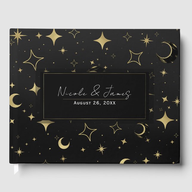 Livro De Visitas Casamento de Estrelas Celestiais Negras e Douradas (Frente)
