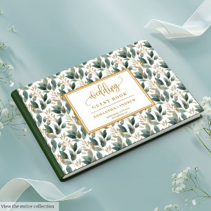 Livro De Visitas Casamento de eucalipto de ouro verde pastel e manu