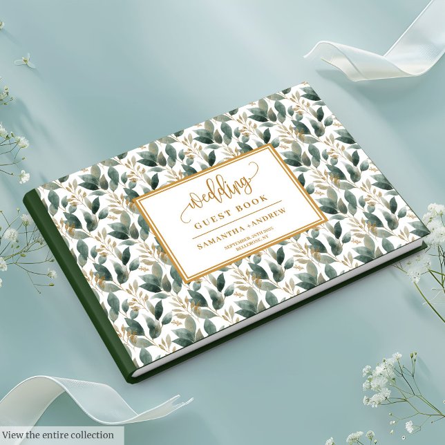 Livro De Visitas Casamento de eucalipto de ouro verde pastel e manu (Handwritten pastel green gold eucalyptus wedding Guest Book)