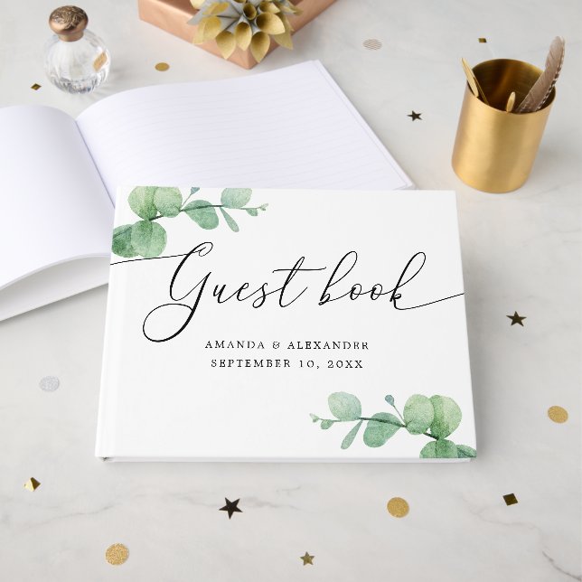 Livro De Visitas Casamento de Eucalipto em Aquarela | Rótulo Elegan (Frente aberta)