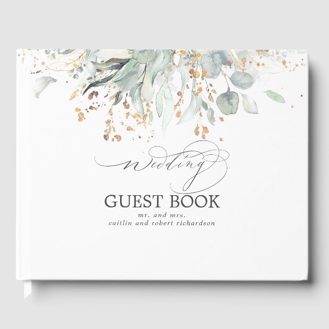 Livro De Visitas Casamento de Eucalyptus Greenery Dourado (Frente)