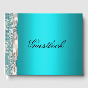 Livro De Visitas Casamento de Fita Elegante Aqua e Satin Branca