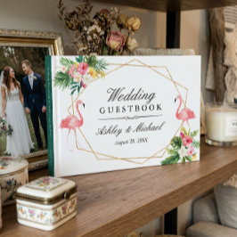 Livro De Visitas Casamento de Flamingos com Folhas Florais Tropicai