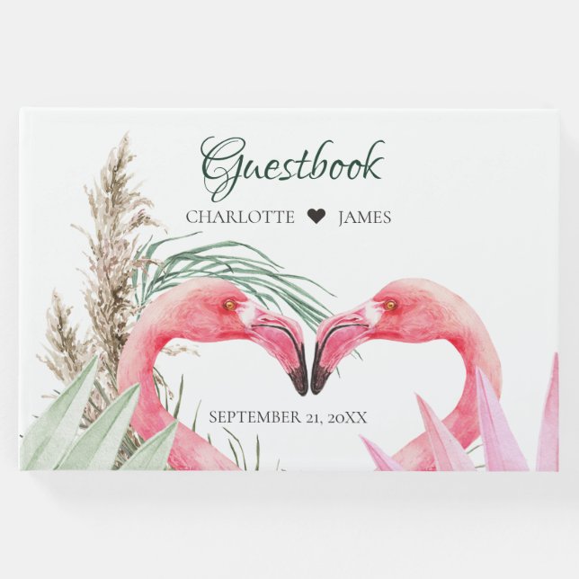 Livro De Visitas Casamento de Flamingos Rosa Tropical (Frente)