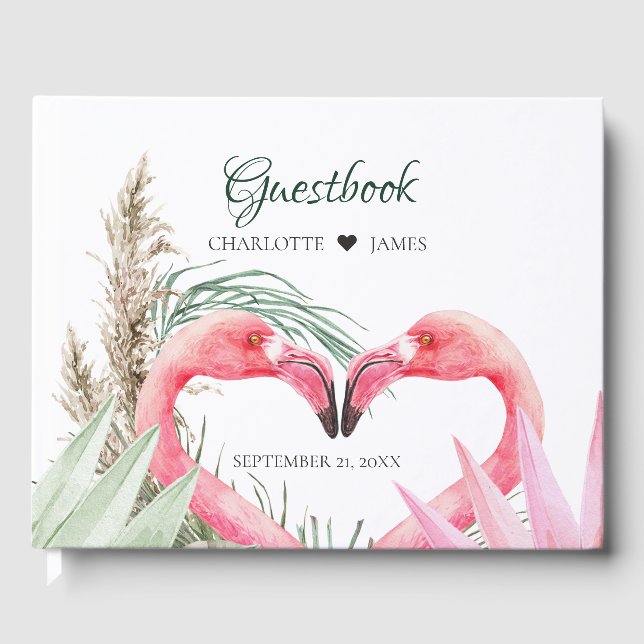 Livro De Visitas Casamento de Flamingos Rosa Tropical (Frente)