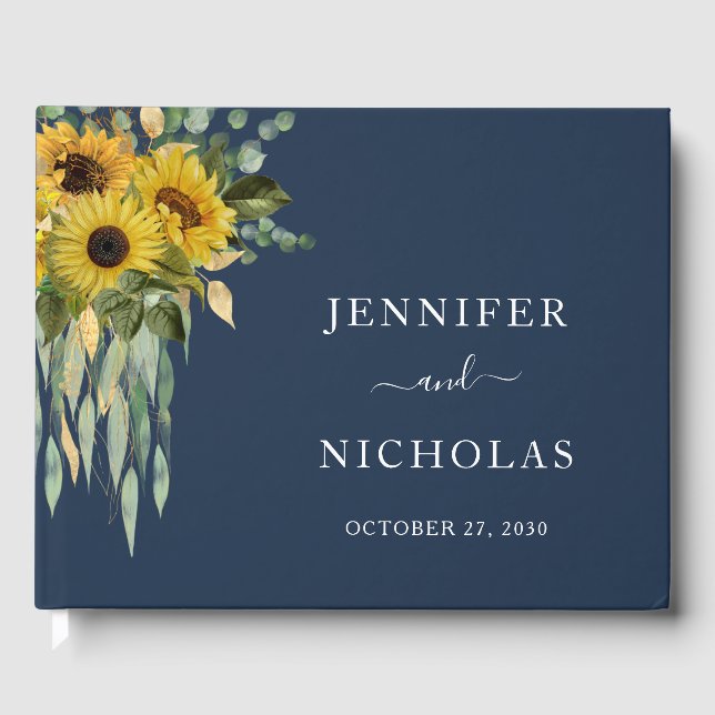 Livro De Visitas Casamento de Flor Floral Azul-Marinho Elegante (Frente)