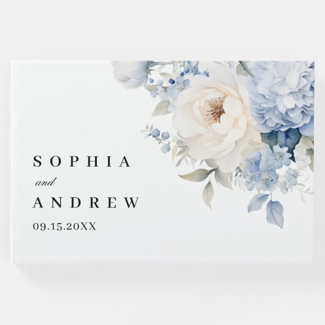 Livro De Visitas Casamento de Flores Azuis e Brancas (Frente)