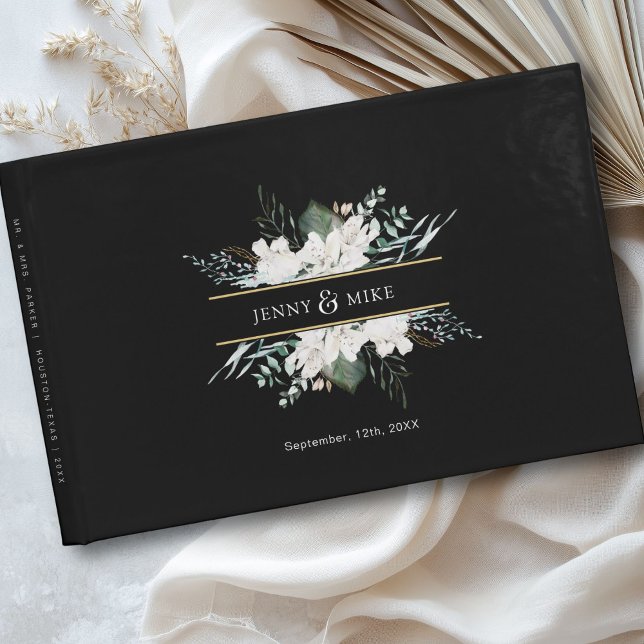 Livro De Visitas Casamento de flores brancas simples e elegantes (Personalized, simple, elegant white flowers wedding guest book with your name and date.)