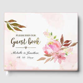 Livro De Visitas Casamento de Flores de Aquarela com Ouro Rosa-Rosa