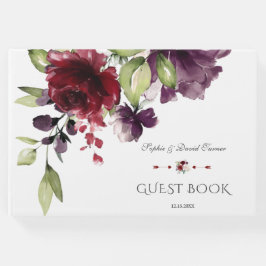 Livro De Visitas Casamento de Flores de Aquarela Puro e Borgonha Ún