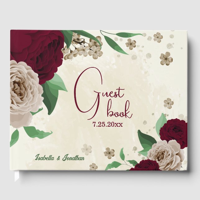 Livro De Visitas Casamento de flores de champanhe borgonha (Frente)