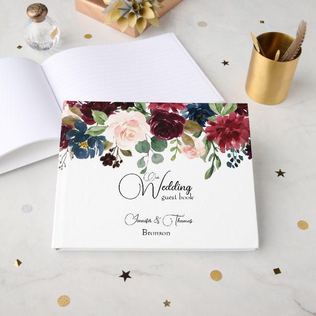 Livro De Visitas Casamento de Flores de Inglês Azuis (Frente aberta)