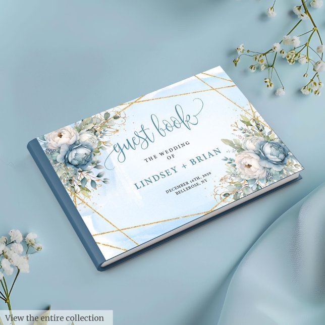 Livro De Visitas Casamento de Flores Douradas Azuis e Azuis Pastel (Luxurious Pastel Blue White Gold Flowers Guest Book)