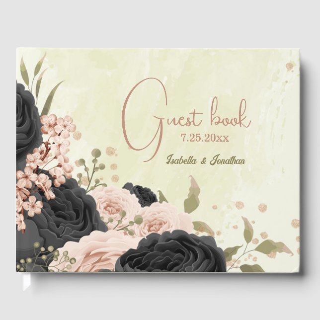Livro De Visitas casamento de flores rosa pretas (Frente)