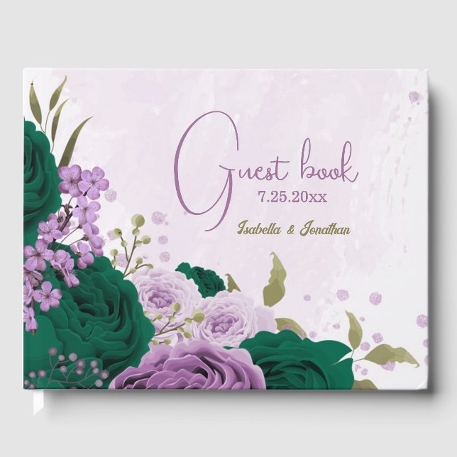 Livro De Visitas casamento de flores roxas esmeraldas (Frente)