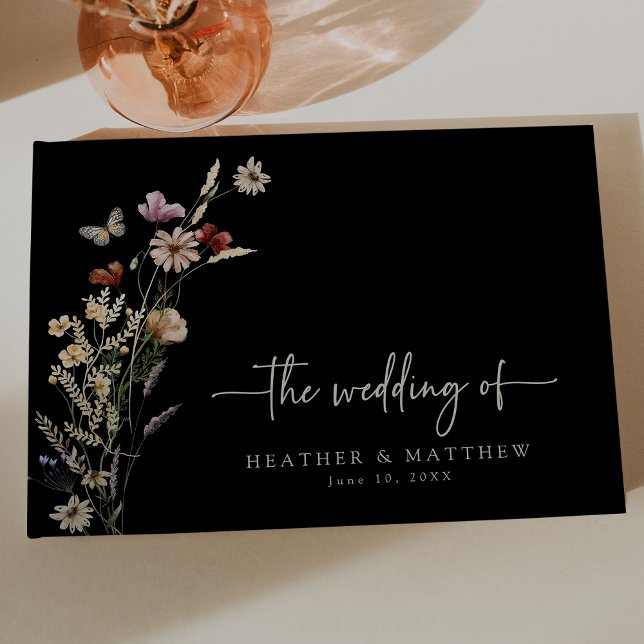 Livro De Visitas Casamento de Flores Selvagens do Black Boho (Watercolor Black Boho Wildflowers Wedding Guest Book Butterfly by Painted Paperie
)