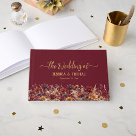 Livro De Visitas Casamento de Flores Silvestres Boho Chic Burgundy 