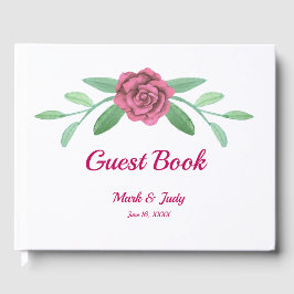 Livro De Visitas Casamento de Folhagem de Verde Floral Rosa