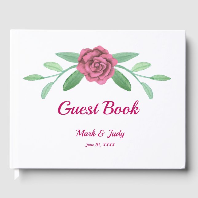 Livro De Visitas Casamento de Folhagem de Verde Floral Rosa (Frente)