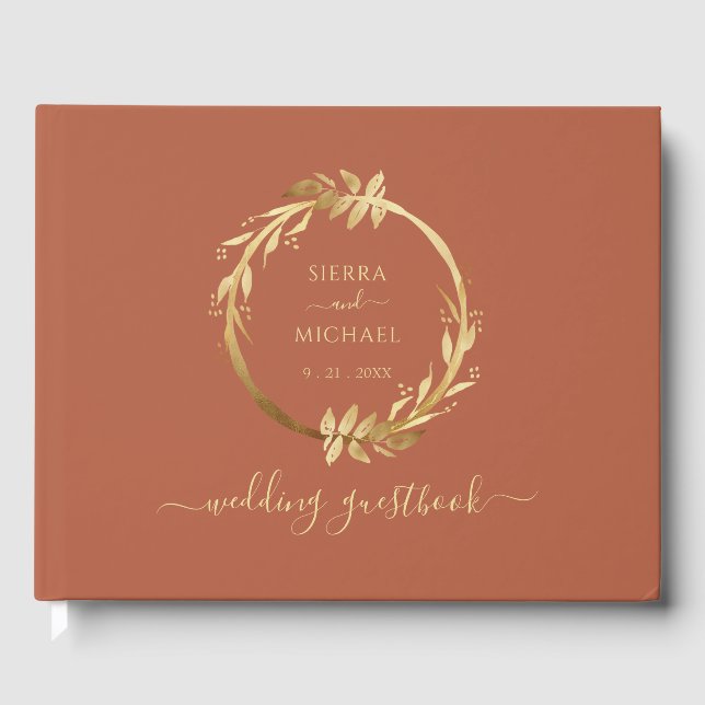Livro De Visitas Casamento de Folhagem Dourada de Chic Terracotta R (Frente)