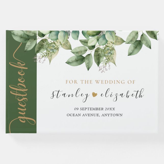 Livro De Visitas Casamento de Folhagem Dourada e Verde Botânico Rus (Frente)