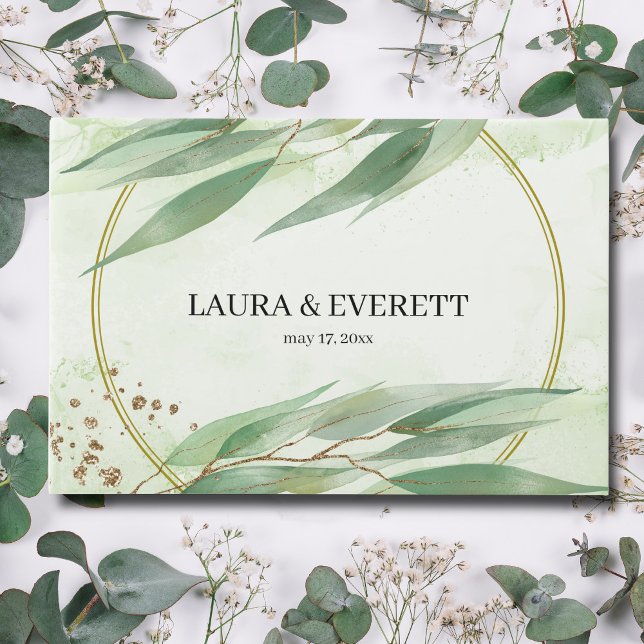 Livro De Visitas Casamento de Folhagem Dourada Verde com Frame Euca (Criador carregado)
