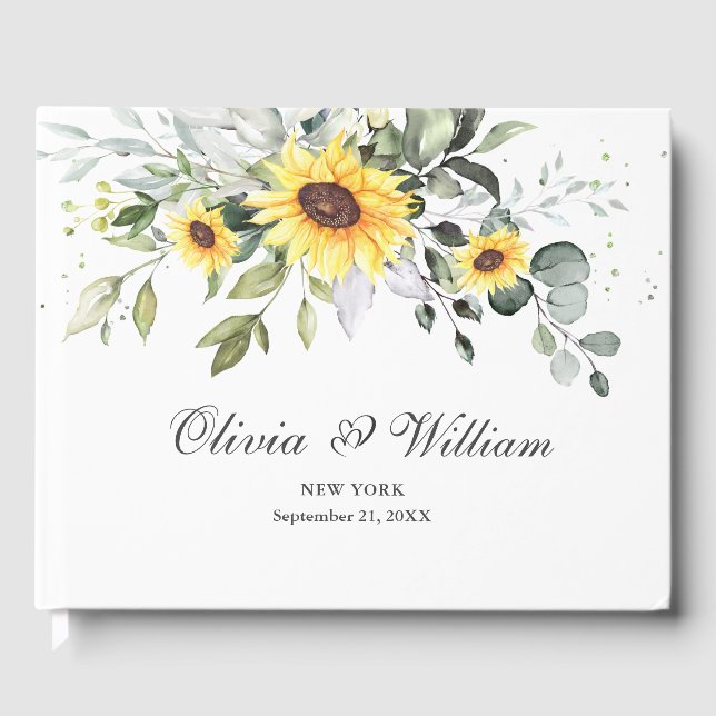 Livro De Visitas Casamento de Folhagem Eucalyptus Sunflower Elegant (Frente)