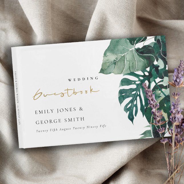 Livro De Visitas Casamento de Folhagem Verde de Monstera Tropical (Criador carregado)