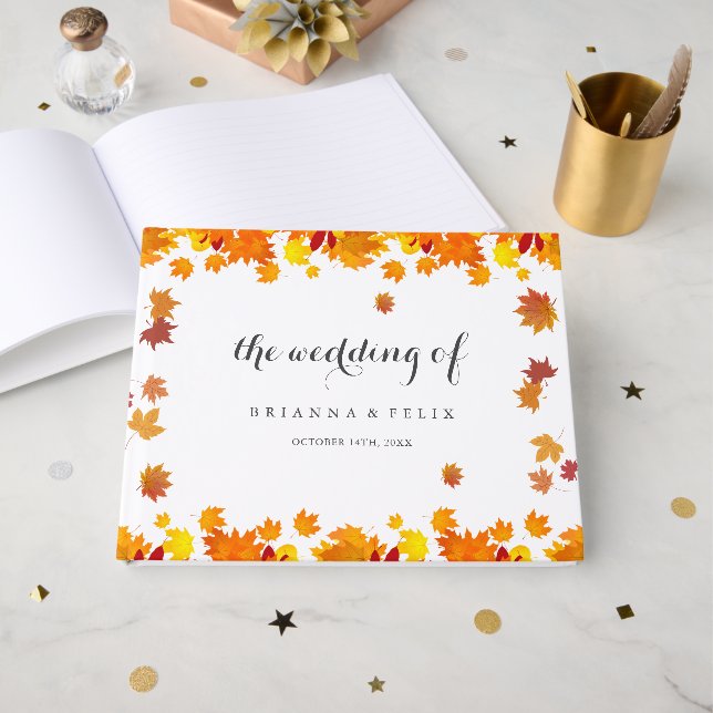 Livro De Visitas Casamento de Folhas de Outono Rústico (Frente aberta)