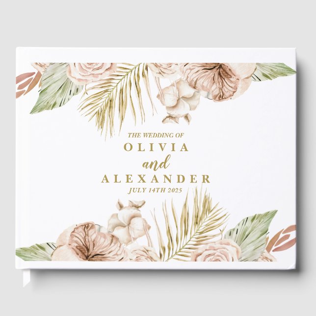 Livro De Visitas Casamento de folhas de palmeira floral seca tropic (Frente)