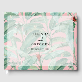 Livro De Visitas Casamento de Folhas Tropicais de Banana Rosa