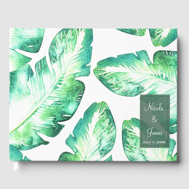 Livro De Visitas Casamento de Folhas Tropicais Verdes Beachy White (Frente)