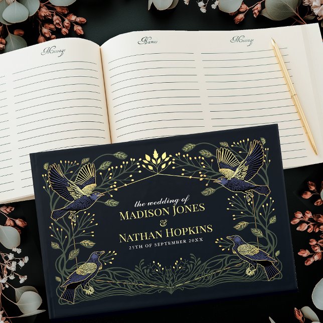 Livro De Visitas Casamento de Folhas Verdes Florais Raven Gothic En (Criador carregado)